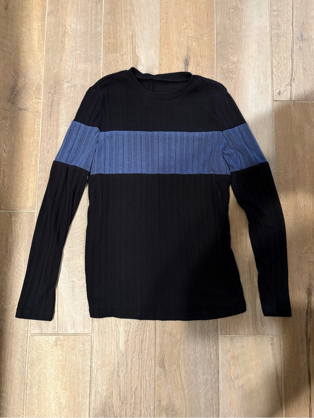 Black Crew Neck Sweater with Blue Chest Stripe